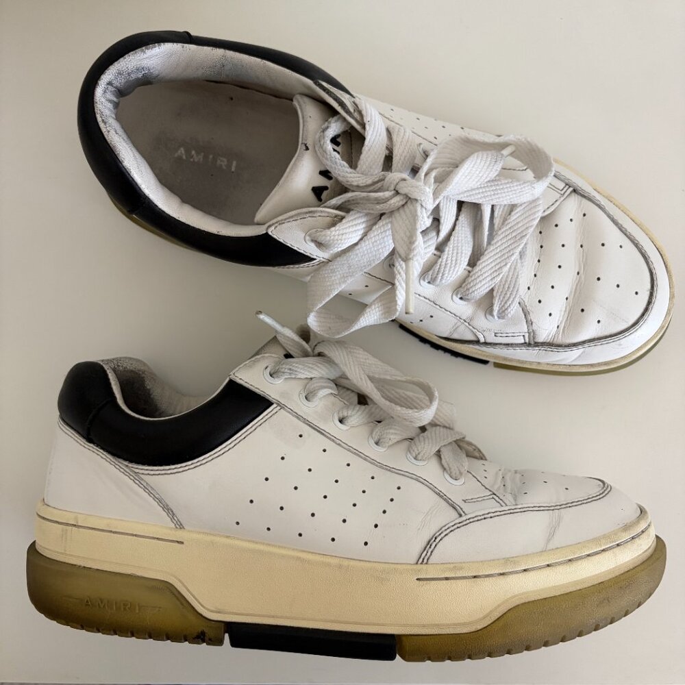 AMIRI Mens Sneaker Size 43 / 9.5 US White Low Top Sneaker Leather Black Trim